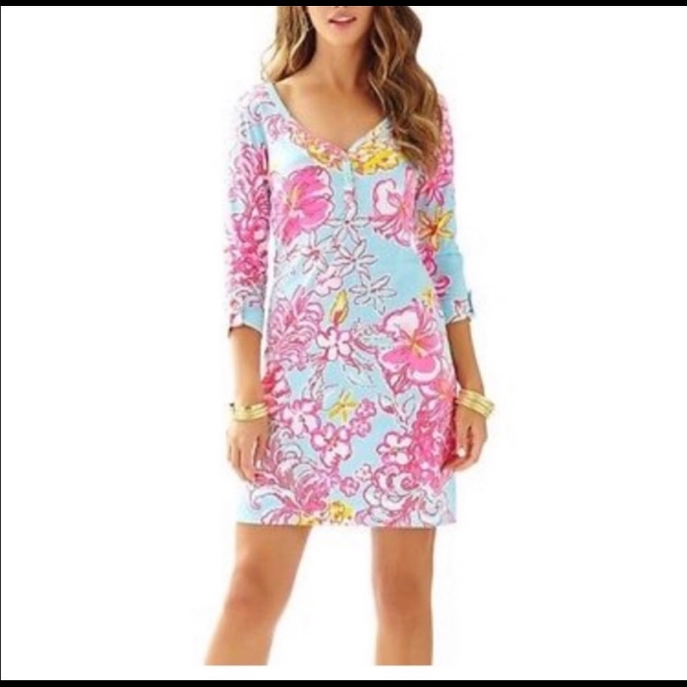 Lilly Pulitzer Light Blue Pink Floral Long Sleeve Dress